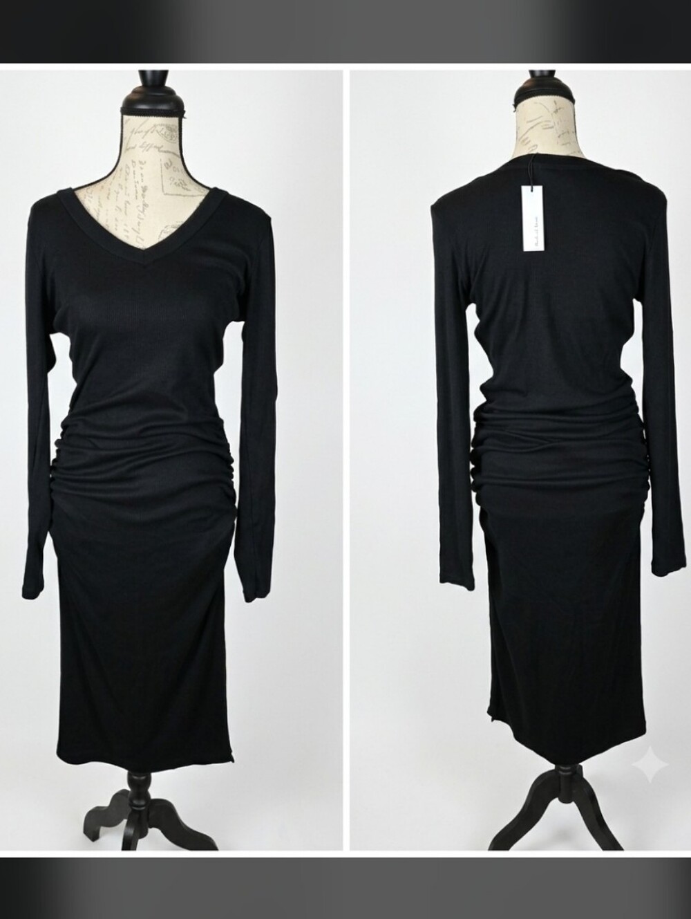 Michael Stars Nova Ribbed Ruched V-Neck Dress Black Women's Lg